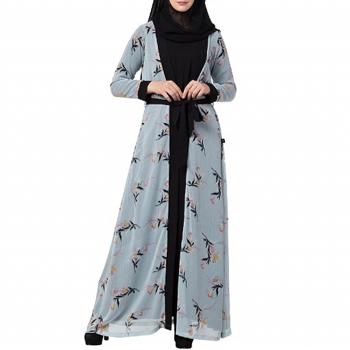 Printed shrug abaya-sky blue-black color